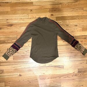 Olive Green Sweater with Patterned Sleeves